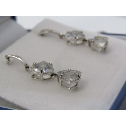 208 - WHITE GOLD STONE SET EARRINGS, pair of 9ct white gold drop earrings, each set 2 clear stones, 3cm dr... 