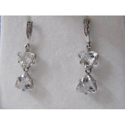 208 - WHITE GOLD STONE SET EARRINGS, pair of 9ct white gold drop earrings, each set 2 clear stones, 3cm dr... 