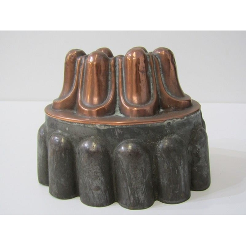 21 - ANTIQUE COPPER, 19th Century copper jelly mould, also copper and brass framed kettle