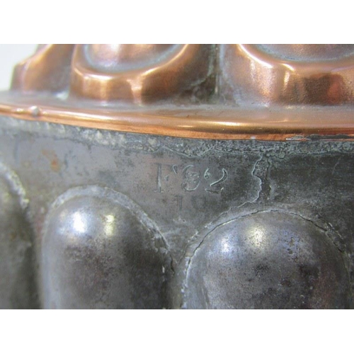 21 - ANTIQUE COPPER, 19th Century copper jelly mould, also copper and brass framed kettle