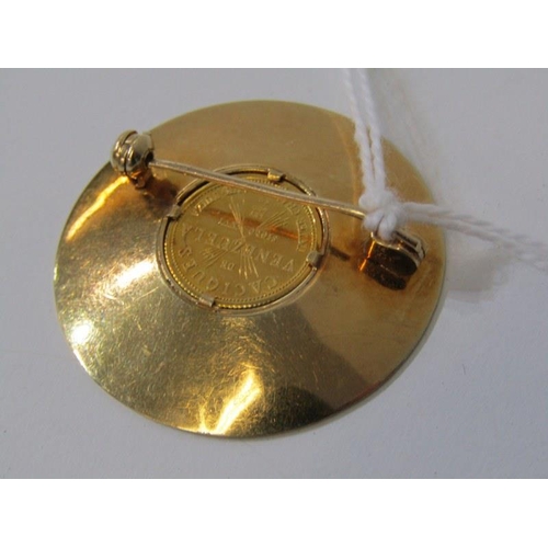 212 - GOLD COIN SET BAR BROOCH, circular South American bar brooch set a Venezuelan coin, set 18ct gold, 2... 