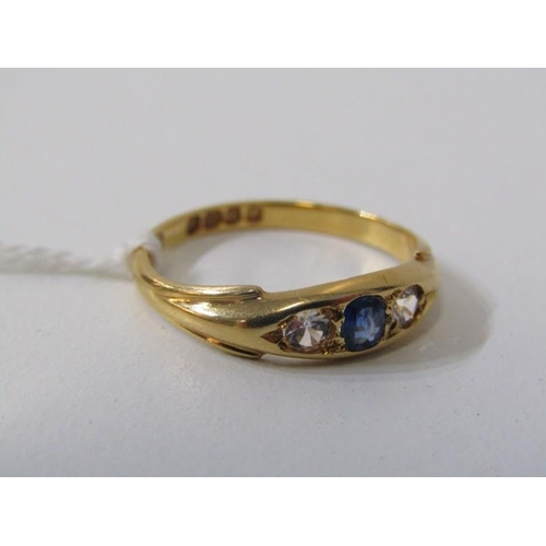 213 - SAPPHIRE & DIAMOND 3 STONE RING, 18ct yellow gold ring, set a central sapphire, flanked by 2 diamond... 