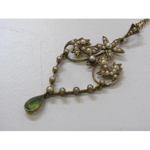 215 - ANTIQUE PEARL PENDANT, 9ct yellow gold pearl set pendant with a peridot drop, on a fine link 18