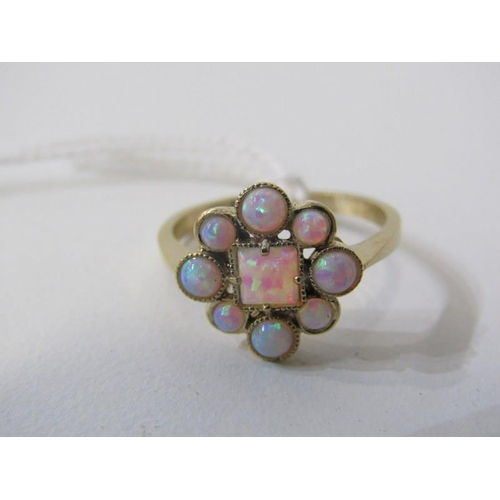 216 - OPAL CLUSTER RING, 9ct yellow gold ring, set a cluster of 9 opals, size N/O