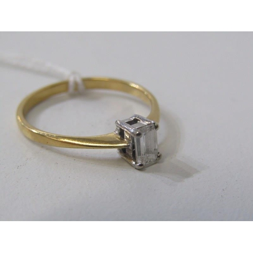 218 - DIAMOND SOLITAIRE RING, 18ct yellow gold ring, set a emerald cut solitaire diamond, approx 0.35 cara... 