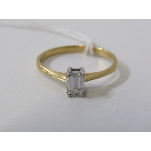 218 - DIAMOND SOLITAIRE RING, 18ct yellow gold ring, set a emerald cut solitaire diamond, approx 0.35 cara... 