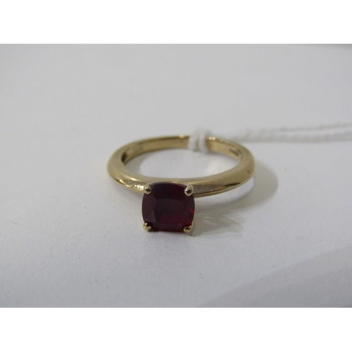 220 - RUBY RING, 9ct yellow gold ring, set a square form solitaire ruby, size K/L