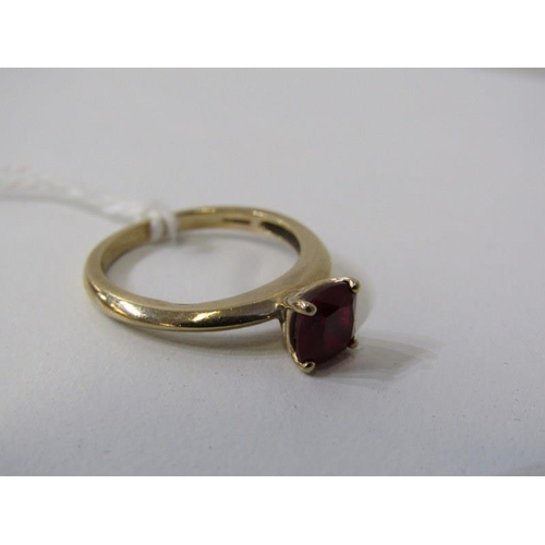 220 - RUBY RING, 9ct yellow gold ring, set a square form solitaire ruby, size K/L