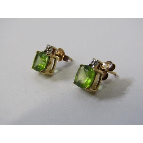 222 - DIAMOND & PERIDOT EARRINGS, pair of 9ct yellow gold earrings, set large square form cut peridot with... 