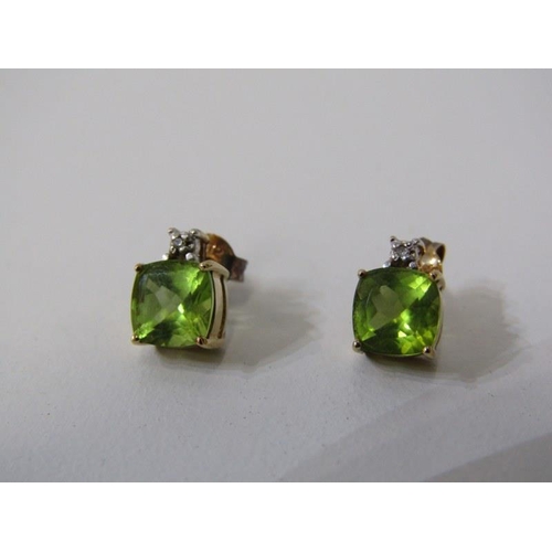 222 - DIAMOND & PERIDOT EARRINGS, pair of 9ct yellow gold earrings, set large square form cut peridot with... 