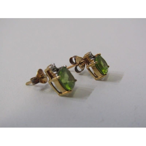 222 - DIAMOND & PERIDOT EARRINGS, pair of 9ct yellow gold earrings, set large square form cut peridot with... 