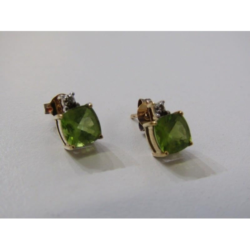 222 - DIAMOND & PERIDOT EARRINGS, pair of 9ct yellow gold earrings, set large square form cut peridot with... 