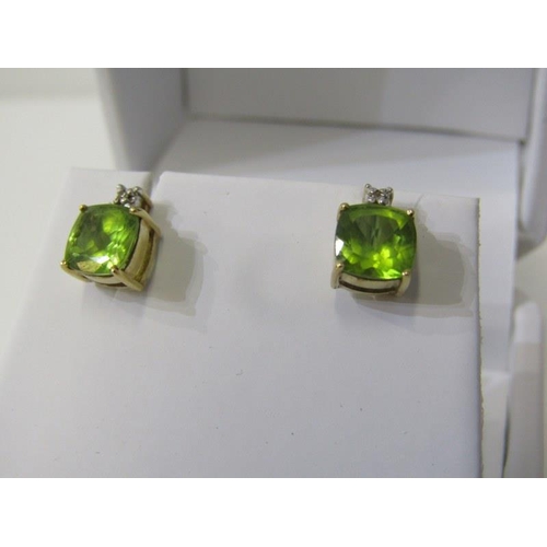 222 - DIAMOND & PERIDOT EARRINGS, pair of 9ct yellow gold earrings, set large square form cut peridot with... 