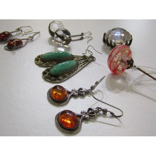 223 - RETRO EARRINGS, 2 pair of amber and silver earrings, pair of jade and silver drop earrings. stick pi... 