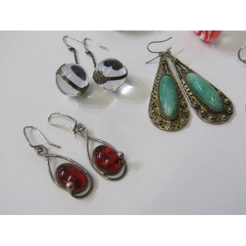 223 - RETRO EARRINGS, 2 pair of amber and silver earrings, pair of jade and silver drop earrings. stick pi... 