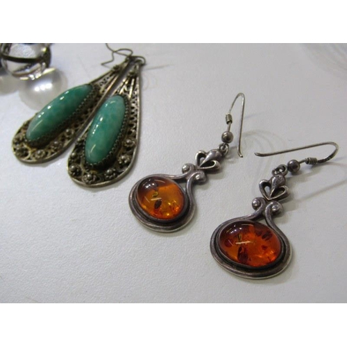 223 - RETRO EARRINGS, 2 pair of amber and silver earrings, pair of jade and silver drop earrings. stick pi... 