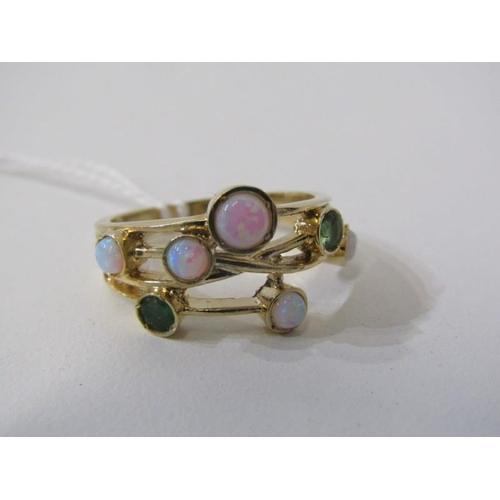 224 - OPAL & EMERALD CLUSTER RING, 9ct yellow gold organic style ring, set 5 opals and 2 emeralds, size N/... 