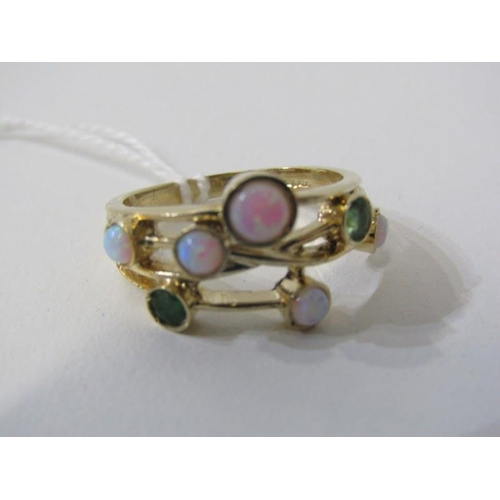 224 - OPAL & EMERALD CLUSTER RING, 9ct yellow gold organic style ring, set 5 opals and 2 emeralds, size N/... 