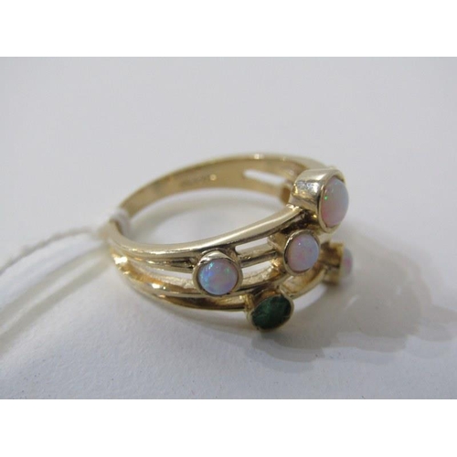 224 - OPAL & EMERALD CLUSTER RING, 9ct yellow gold organic style ring, set 5 opals and 2 emeralds, size N/... 