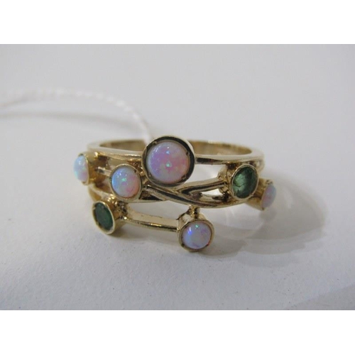 224 - OPAL & EMERALD CLUSTER RING, 9ct yellow gold organic style ring, set 5 opals and 2 emeralds, size N/... 