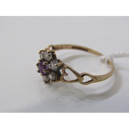 229 - CLUSTER RING, 9ct yellow gold ring, set a central amethyst within a cluster, size O/P