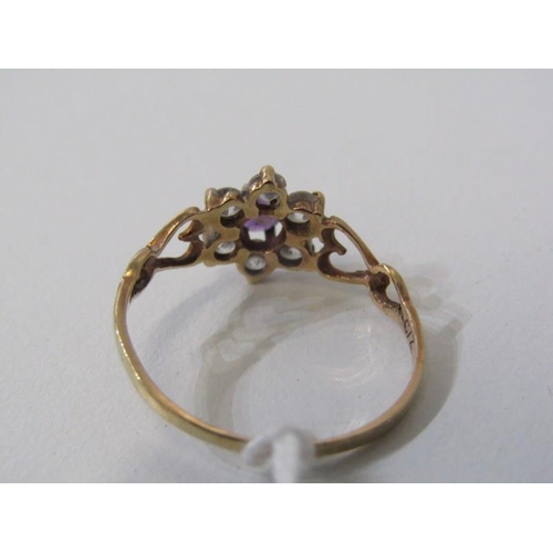 229 - CLUSTER RING, 9ct yellow gold ring, set a central amethyst within a cluster, size O/P