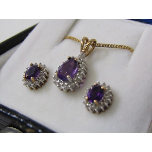 231 - SUITE OF AMETHYST & DIAMOND JEWELLERY, 9ct gold drop pendant, set a pear shaped amethyst, surrounded... 