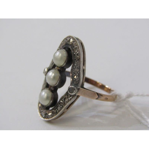 234 - ANTIQUE PEARL & DIAMOND RING, oval shaped ring set 3 pearls with diamonds to the outer with a yellow... 