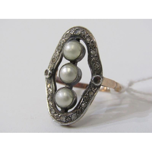 234 - ANTIQUE PEARL & DIAMOND RING, oval shaped ring set 3 pearls with diamonds to the outer with a yellow... 