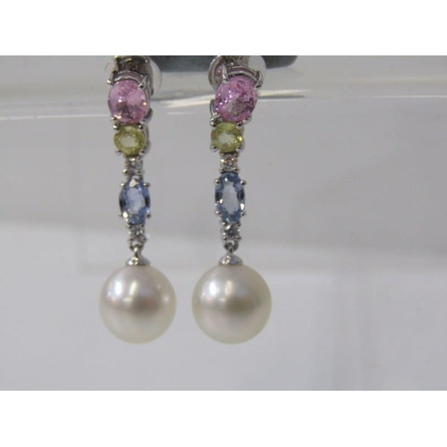 236 - QUALITY SAPPHIRE, DIAMOND & PEARL EARRINGS, pair of 18ct white gold drop earrings, set pink, green a... 