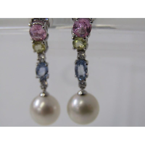 236 - QUALITY SAPPHIRE, DIAMOND & PEARL EARRINGS, pair of 18ct white gold drop earrings, set pink, green a... 