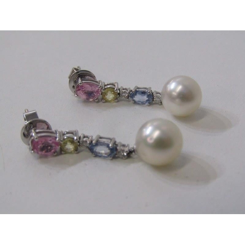 236 - QUALITY SAPPHIRE, DIAMOND & PEARL EARRINGS, pair of 18ct white gold drop earrings, set pink, green a... 