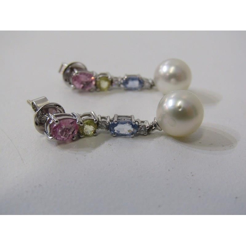 236 - QUALITY SAPPHIRE, DIAMOND & PEARL EARRINGS, pair of 18ct white gold drop earrings, set pink, green a... 