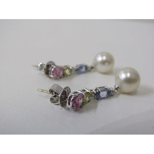 236 - QUALITY SAPPHIRE, DIAMOND & PEARL EARRINGS, pair of 18ct white gold drop earrings, set pink, green a... 