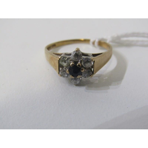 237 - SAPPHIRE CLUSTER RING, 9ct yellow gold set a central sapphire in a cluster of clear stones, size M/N