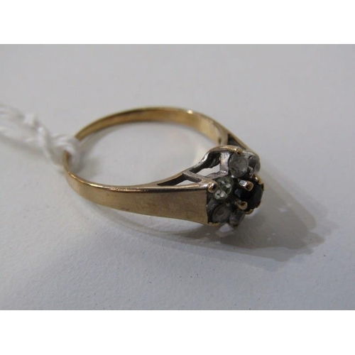 237 - SAPPHIRE CLUSTER RING, 9ct yellow gold set a central sapphire in a cluster of clear stones, size M/N