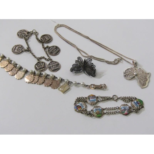 243 - SILVER & WHITE METAL JEWELLERY, silver filigree pendant on silver chain, German enamel bracelet and ... 