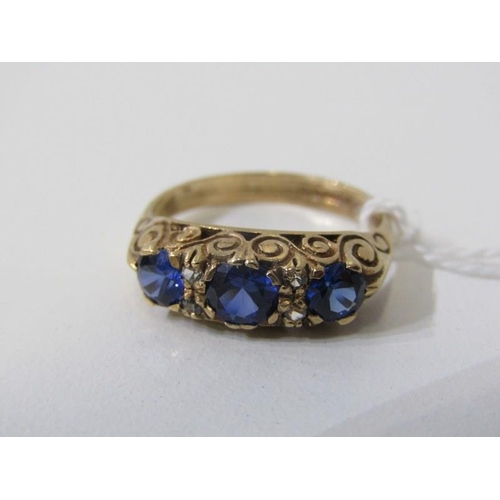 248 - 3 STONE SAPPHIRE RING, 9ct yellow gold set 3 well matched sapphires, size Q/R