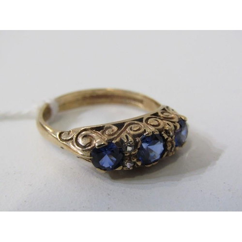 248 - 3 STONE SAPPHIRE RING, 9ct yellow gold set 3 well matched sapphires, size Q/R