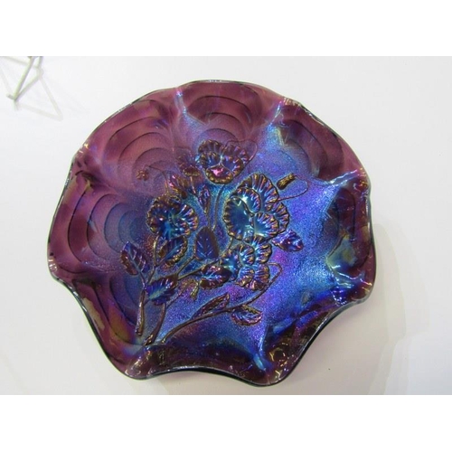 25 - AMERICAN CARNIVAL GLASS, 2 purple carnival glass dishes with floral decoration