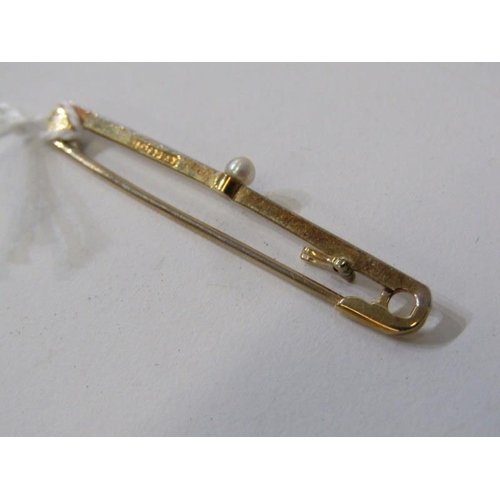 253 - GOLD BAR BROOCH, 15ct gold and platinum mounted bar brooch, set a seed pearl, 2.1 grams