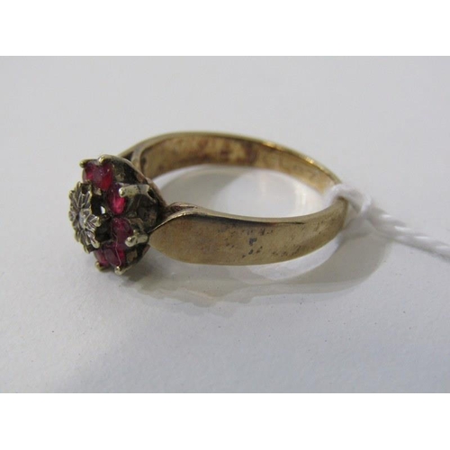 260 - RUBY & DIAMOND CLUSTER RING, 9ct yellow gold ring set a central diamond, surrounded by a cluster of ... 