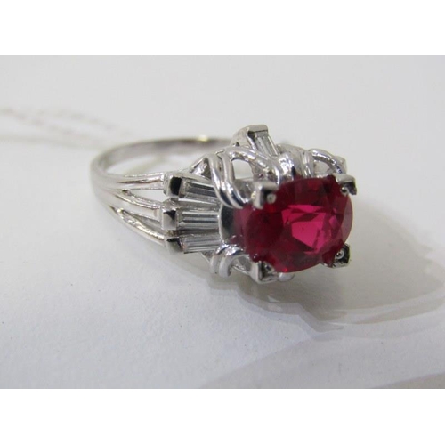 266 - DIAMOND & PLATINUM RING, oval lab grown ruby set in platinum with approx, 9mm spread with baguette c... 