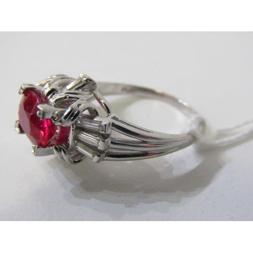 266 - DIAMOND & PLATINUM RING, oval lab grown ruby set in platinum with approx, 9mm spread with baguette c... 