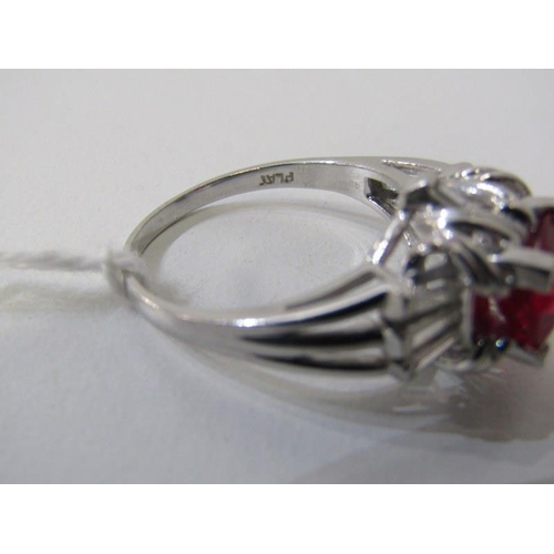 266 - DIAMOND & PLATINUM RING, oval lab grown ruby set in platinum with approx, 9mm spread with baguette c... 