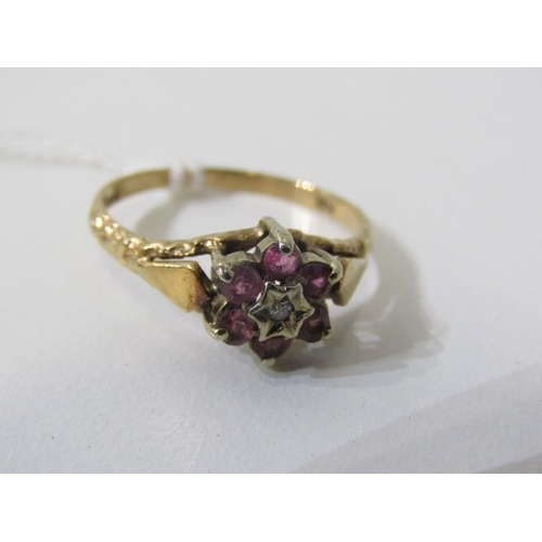 270 - AMETHYST & DIAMOND CLUSTER RING, 9ct yellow gold ring set a central diamond surrounded by a cluster ... 