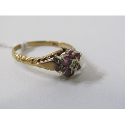 270 - AMETHYST & DIAMOND CLUSTER RING, 9ct yellow gold ring set a central diamond surrounded by a cluster ... 