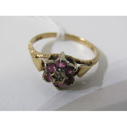 270 - AMETHYST & DIAMOND CLUSTER RING, 9ct yellow gold ring set a central diamond surrounded by a cluster ... 