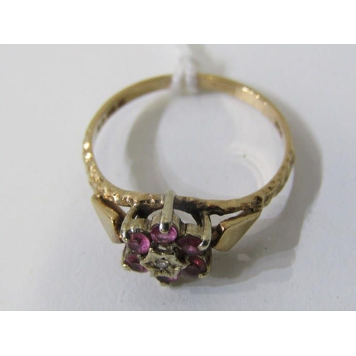 270 - AMETHYST & DIAMOND CLUSTER RING, 9ct yellow gold ring set a central diamond surrounded by a cluster ... 