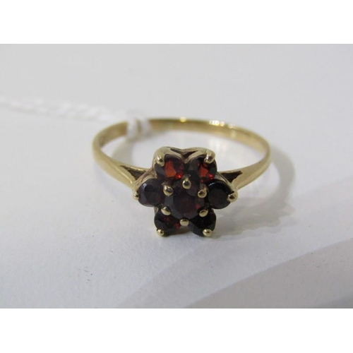 282 - GARNET CLUSTER RING, 9ct yellow gold ring, set a cluster of garnets, size N/O